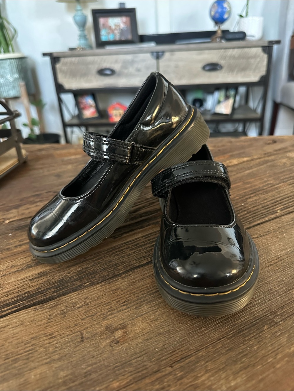 Dr. Martens Girls' Black Patent Mary Jane with Yellow Stitching